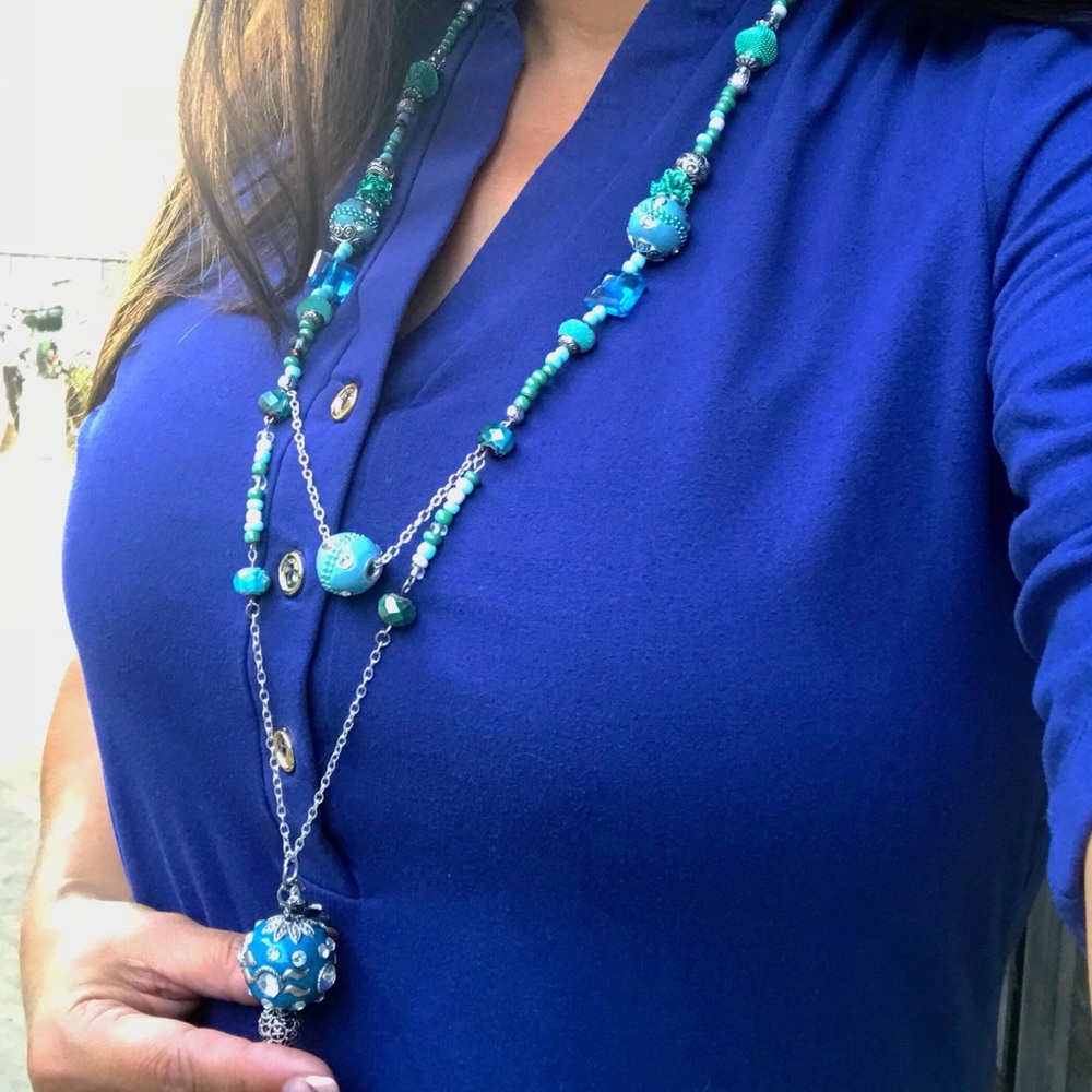 Teal blue Long beaded drop necklace